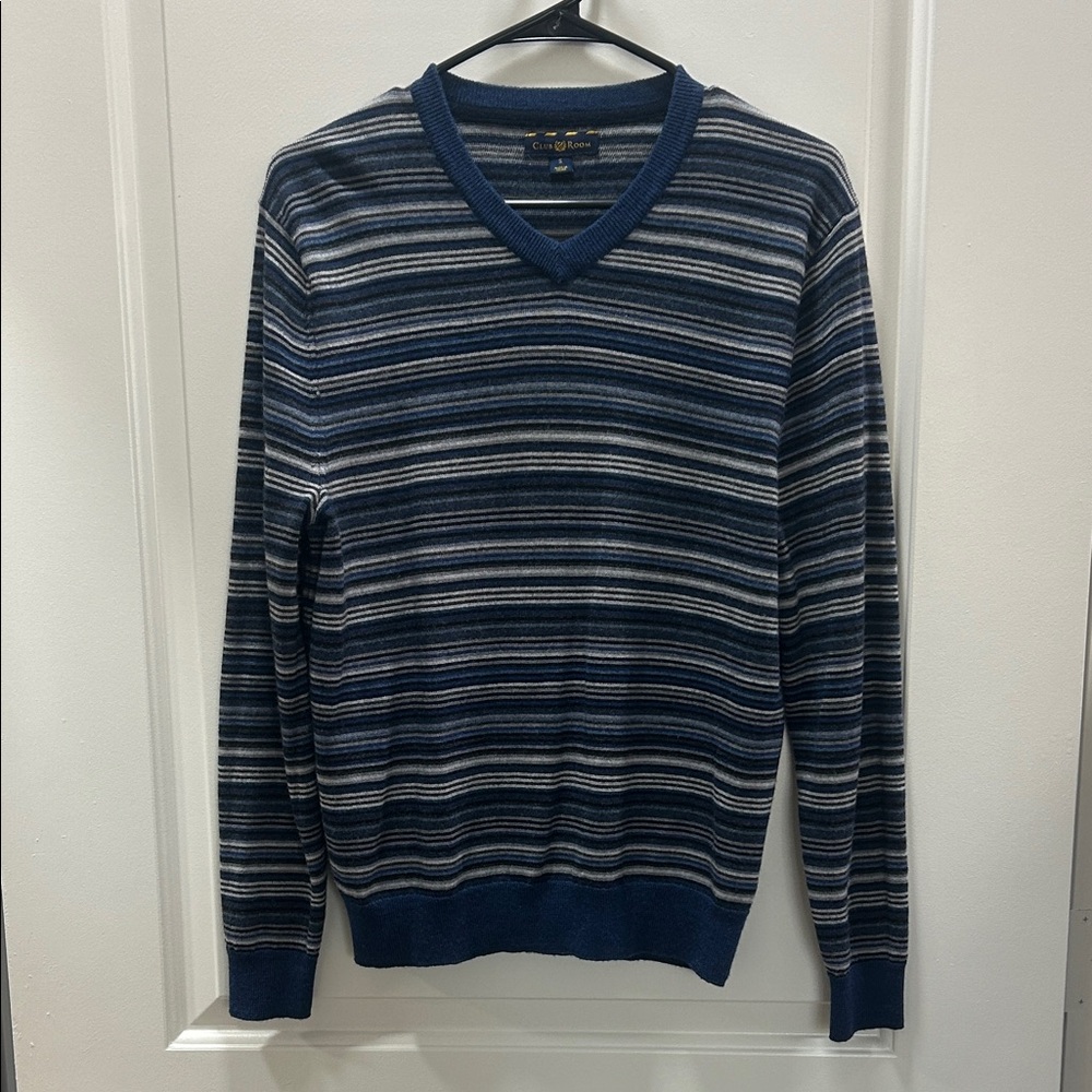 Club Room Vintage Men's Striped V-Neck Wool Blend Sweater - Blue and Gray